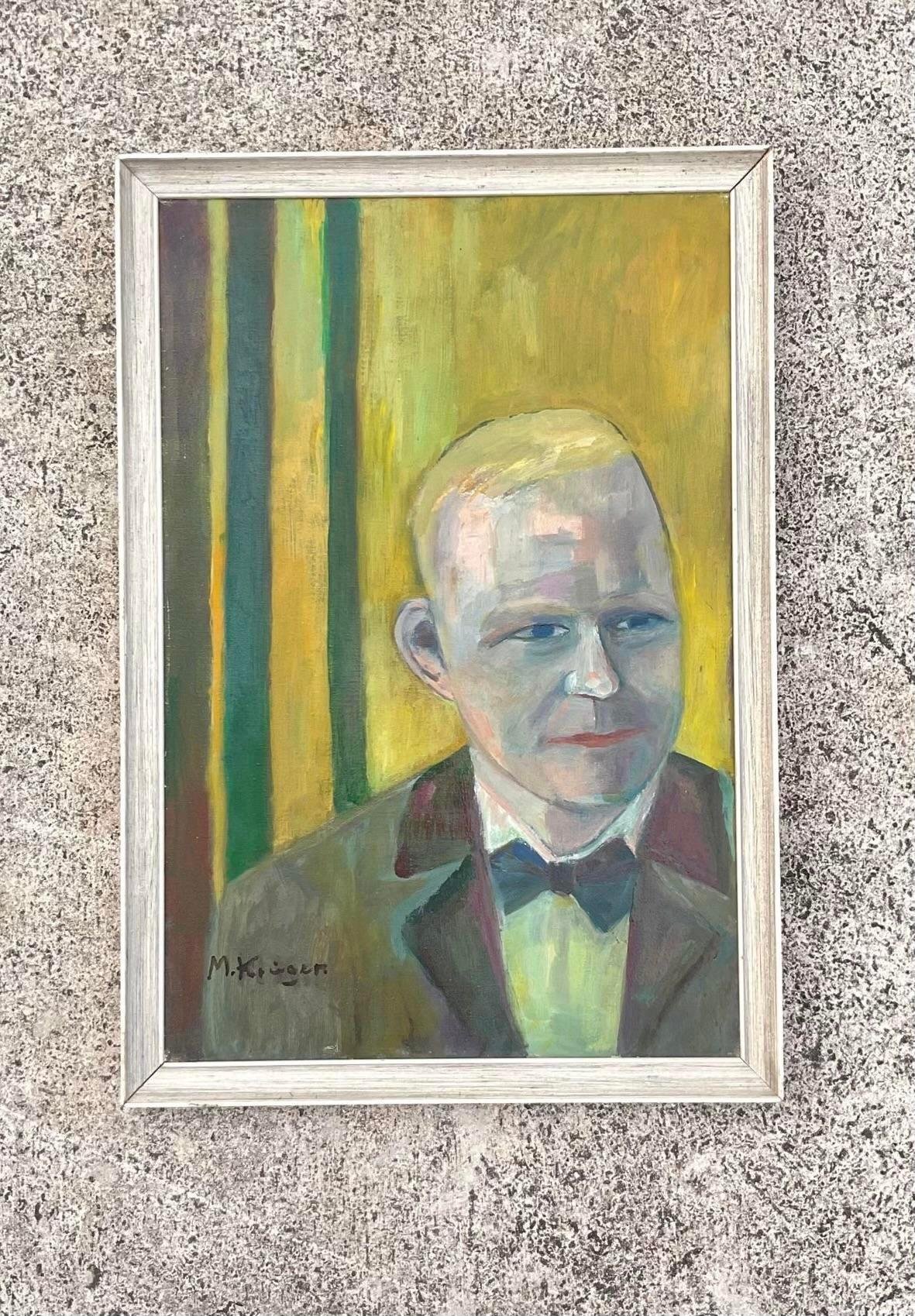 Incredible vintage Abstract original oil portrait. A fantastic composition of Max Beckmann. Brilliant clear colors dominate this canvas. Signed in the lower left. Acquired from a Palm Beach estate. 