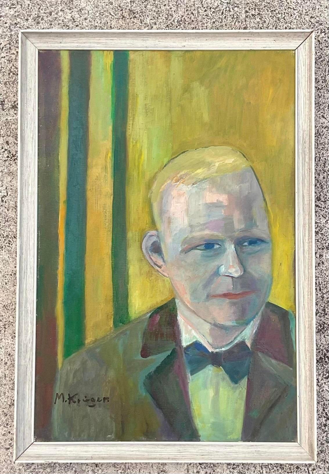 Vintage Signed Abstract Original Oil Portrait of Gentleman In Good Condition For Sale In west palm beach, FL
