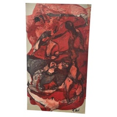 Quadro astratto vintage firmato, in rosso e nero, con composizione figurativa