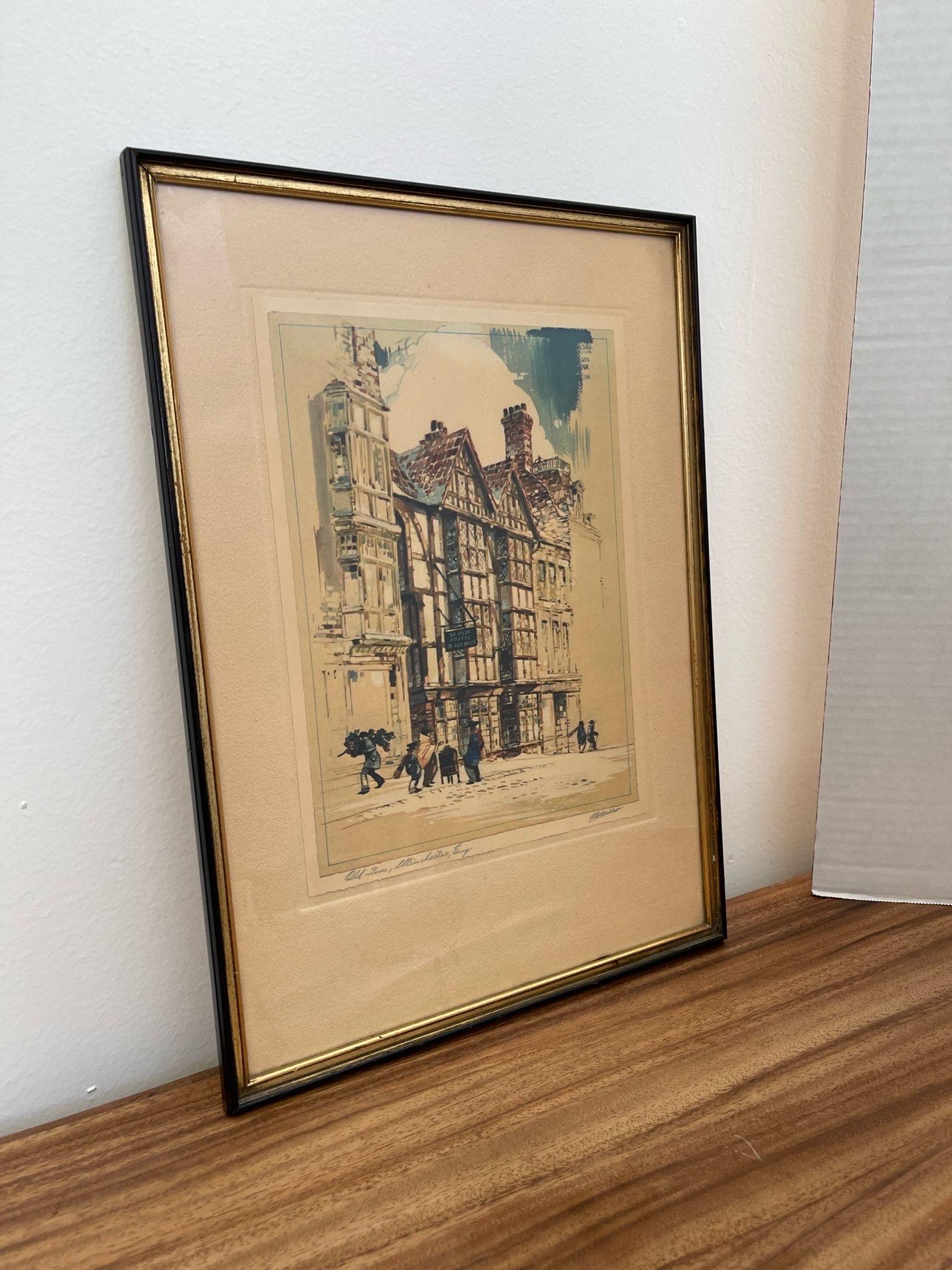 Mid-Century Modern Vintage Signed a.f Mettel Litho Print England Street Scene Ye Olde Hostel. For Sale