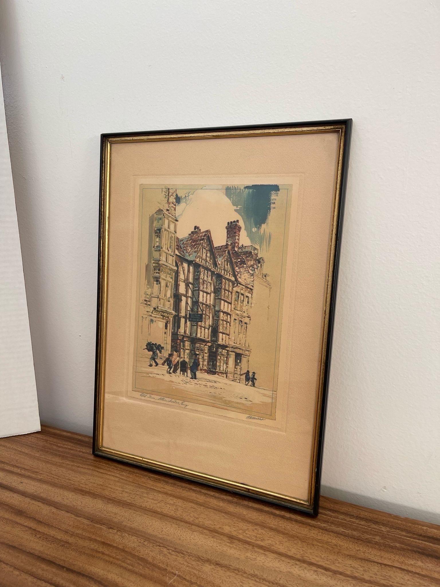 Vintage Signed a.f Mettel Litho Print England Street Scene Ye Olde Hostel. In Good Condition For Sale In Seattle, WA