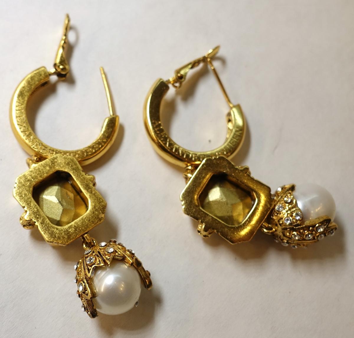 Women's or Men's Vintage Signed Alexander McQueen Faux Pearl & Crystals Pierced Earrings