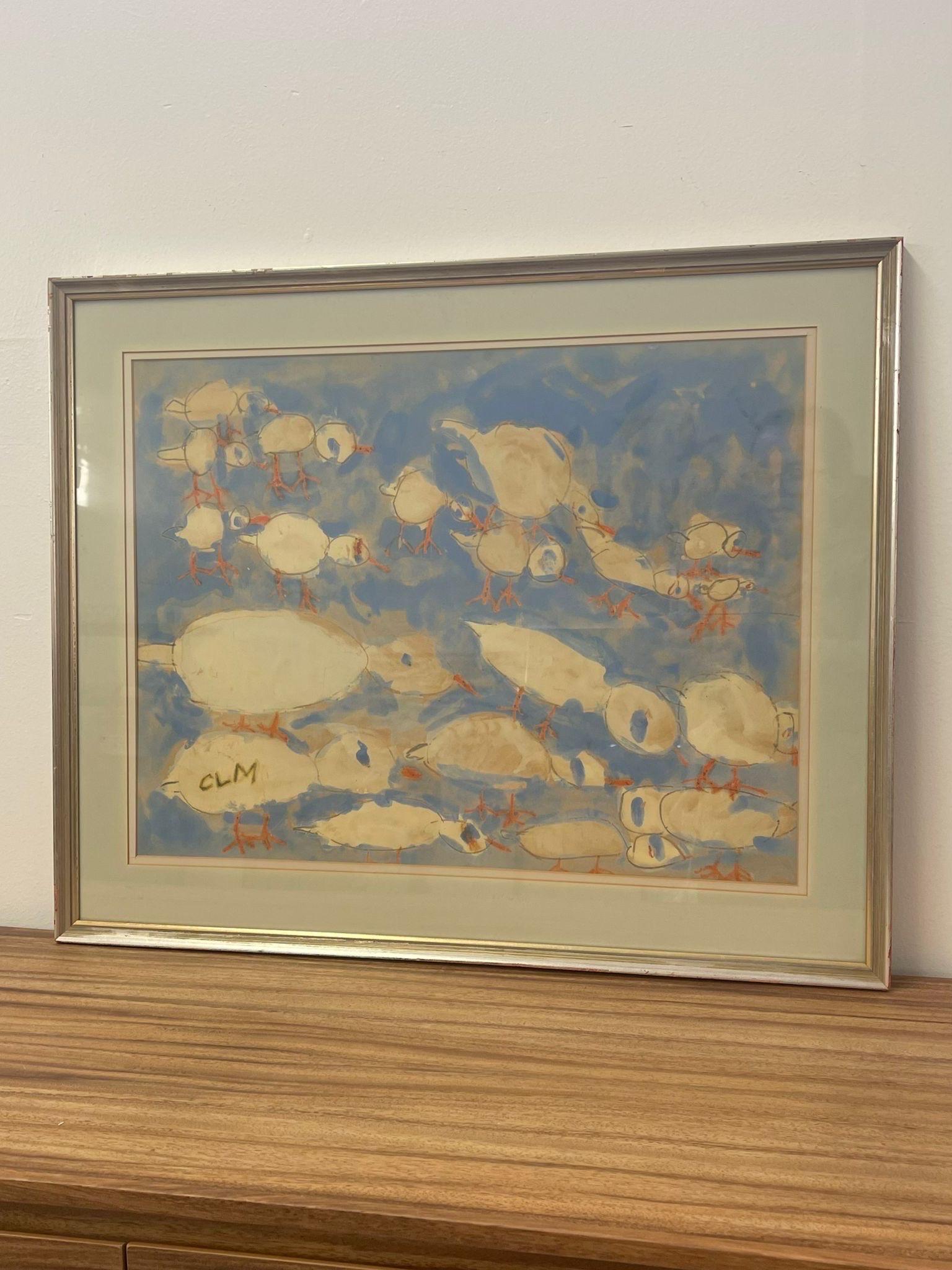 Vintage Illustration of a Group of Ducks. Possibly Pastel. Signed with Initials CLM in Lower Corner. Frame has Makers Mark on the Back dated 1961

Dimensions. 28 W ; 0.50 D ; 23 H