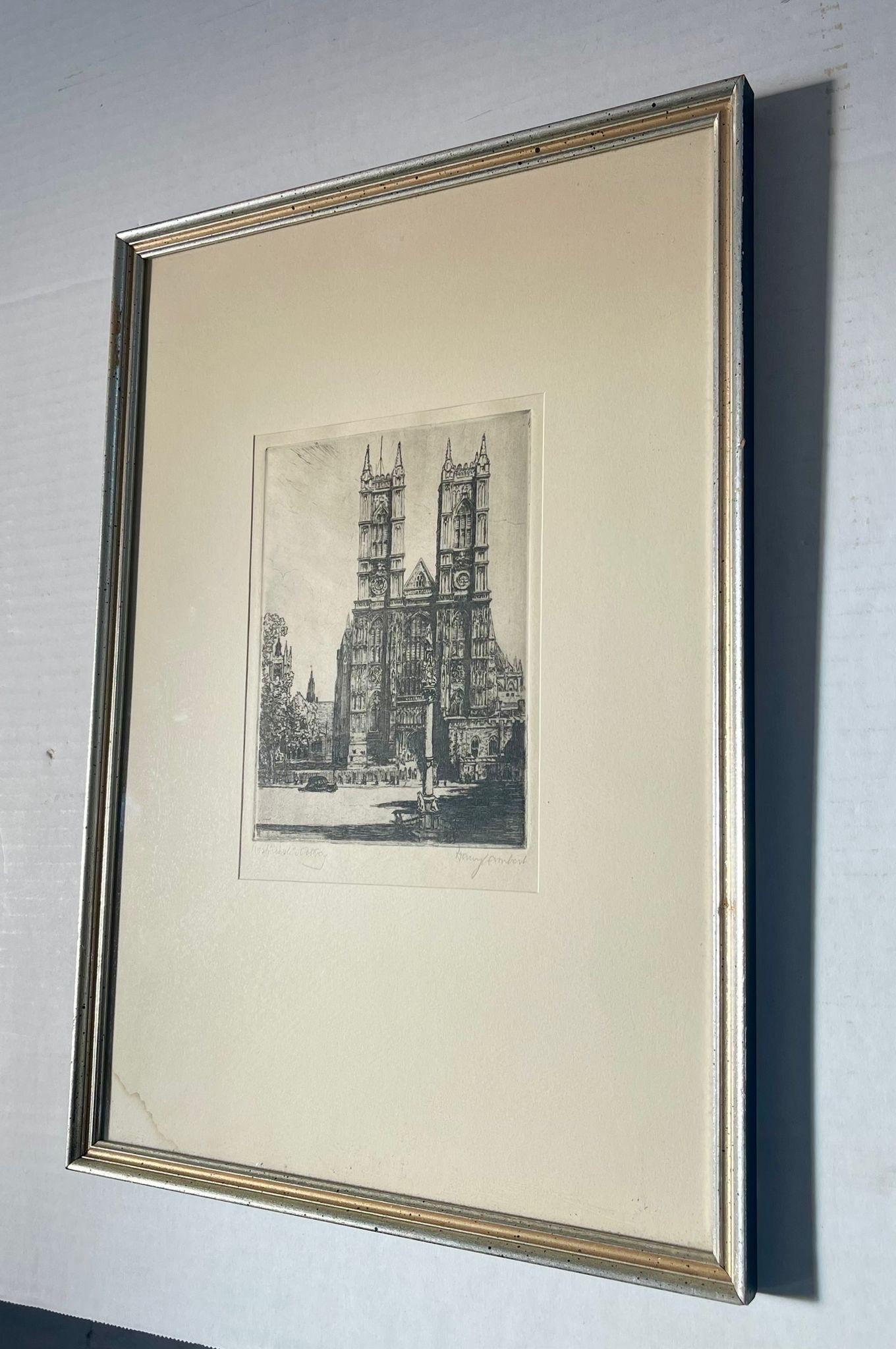 Signierter und gerahmter Vintage-Kunstdruck der Westminster Abbey. (Moderne der Mitte des Jahrhunderts) im Angebot