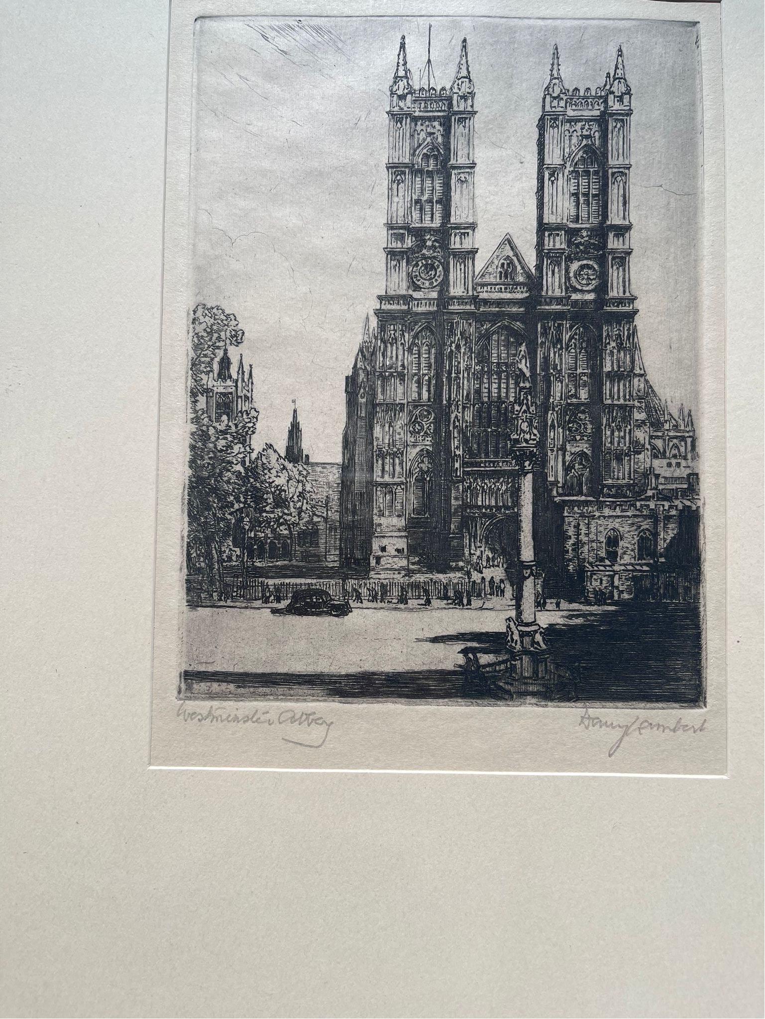 Signierter und gerahmter Vintage-Kunstdruck der Westminster Abbey. (Silber) im Angebot