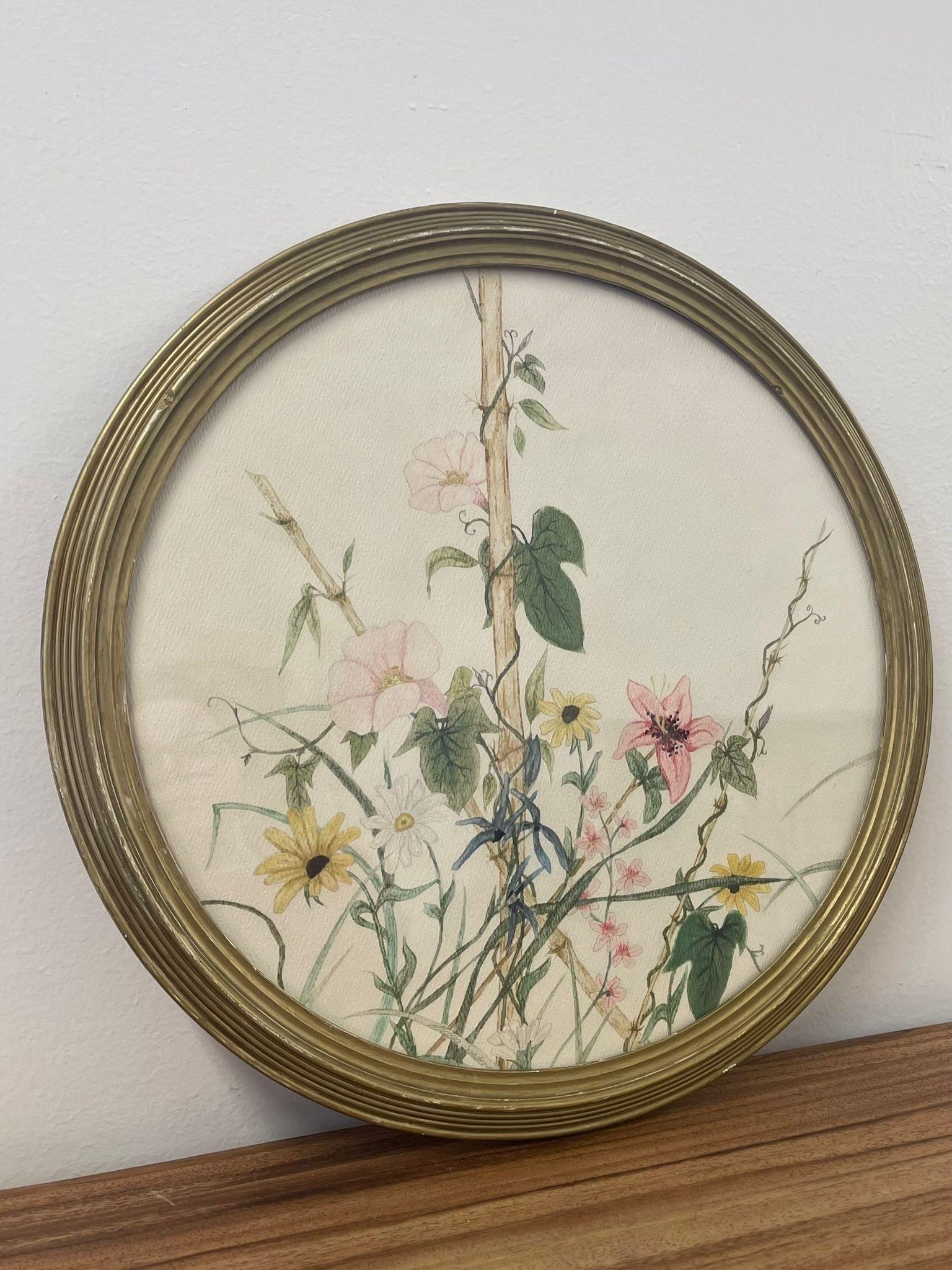 Mid-Century Modern Œuvre d'art vintage signée et encadrée représentant des fleurs de jardin. en vente