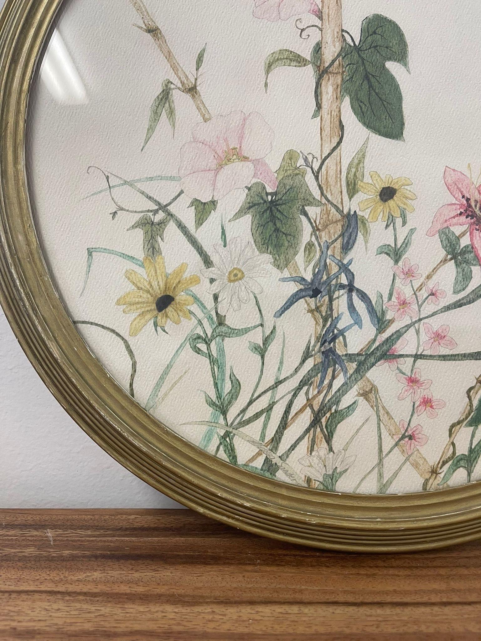 Signiertes und gerahmtes Vintage-Kunstwerk mit Gartenblumen. im Angebot 1
