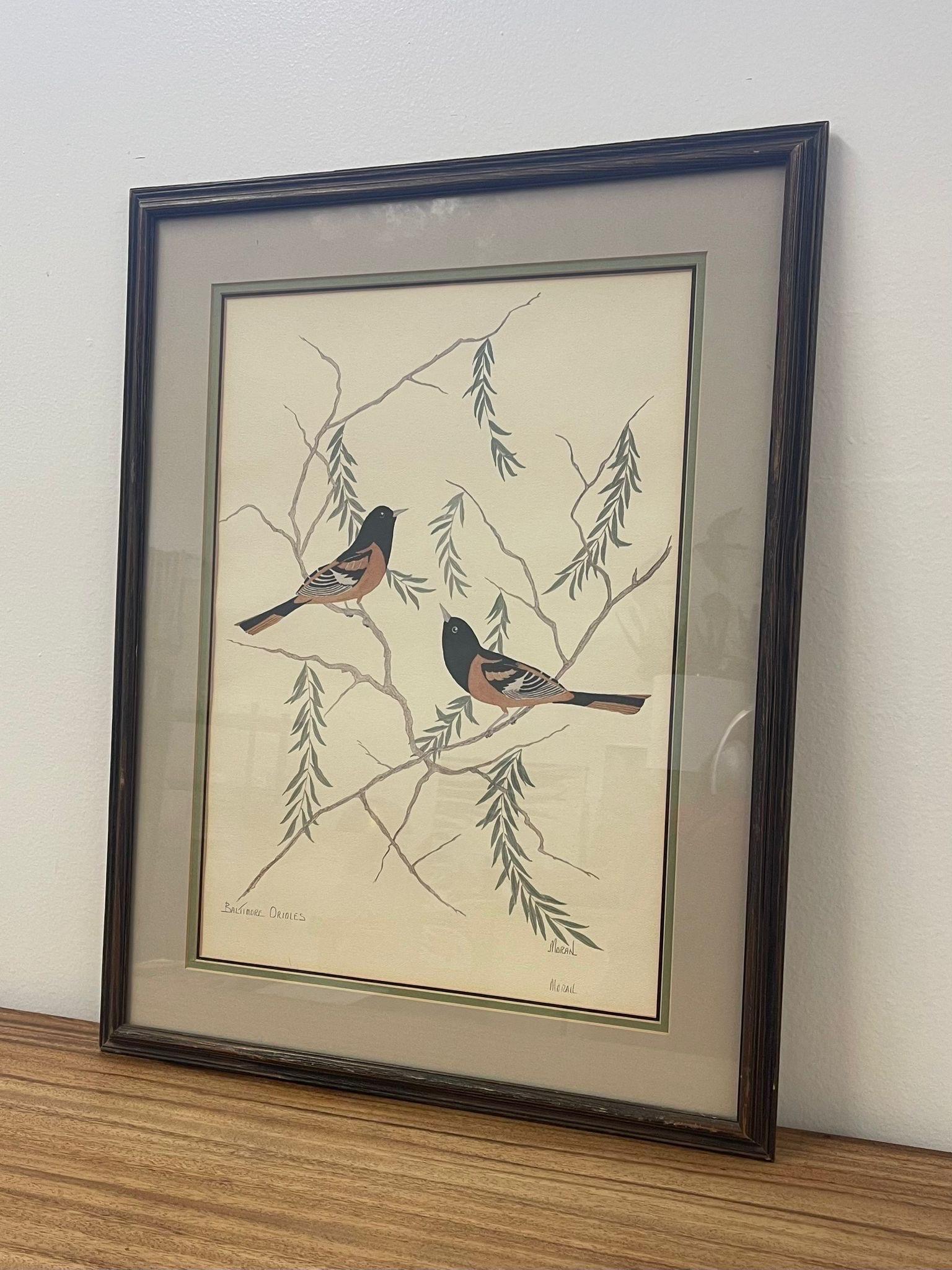 Mid-Century Modern Vintage Signed and Framed Artwork of Two Baltimore Orioles. For Sale