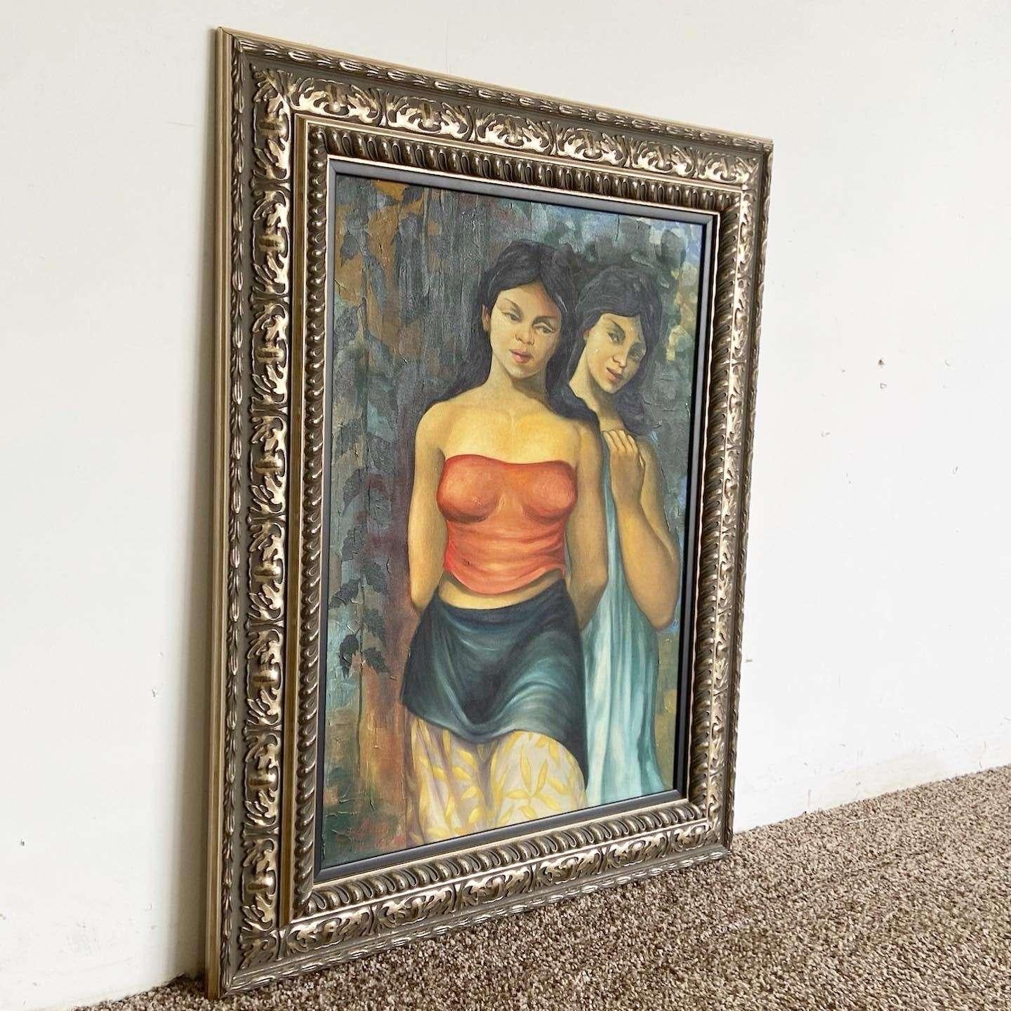 Excellent vintage hand painted, signed and framed painting. Subject is of two young women.
