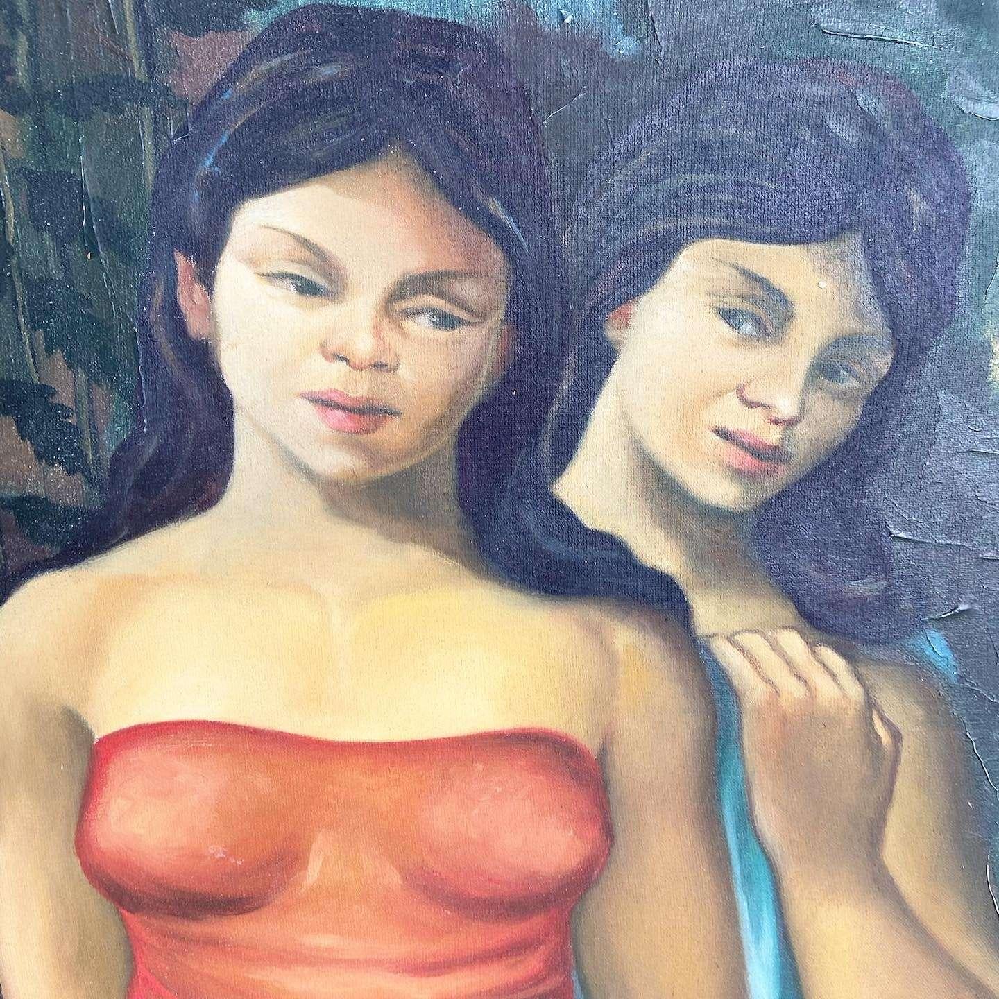 Canvas Vintage Signed and Framed Cuban Painting of Two Young Women For Sale