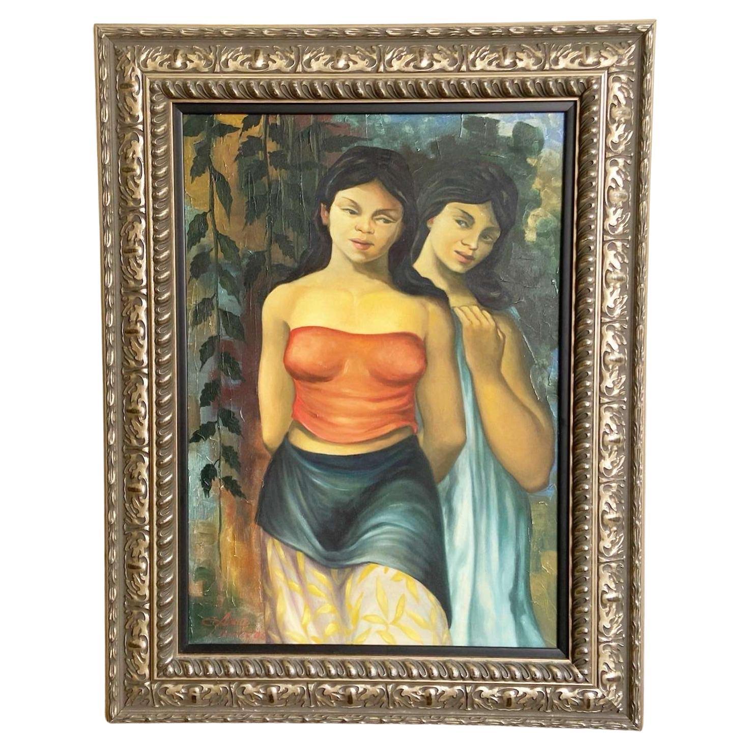 Peinture cubaine vintage signée et encadrée représentant deux jeunes femmes