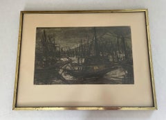 Vintage Signed and Framed Etching Print by Suzanne Rauacher of Abstract sailboat