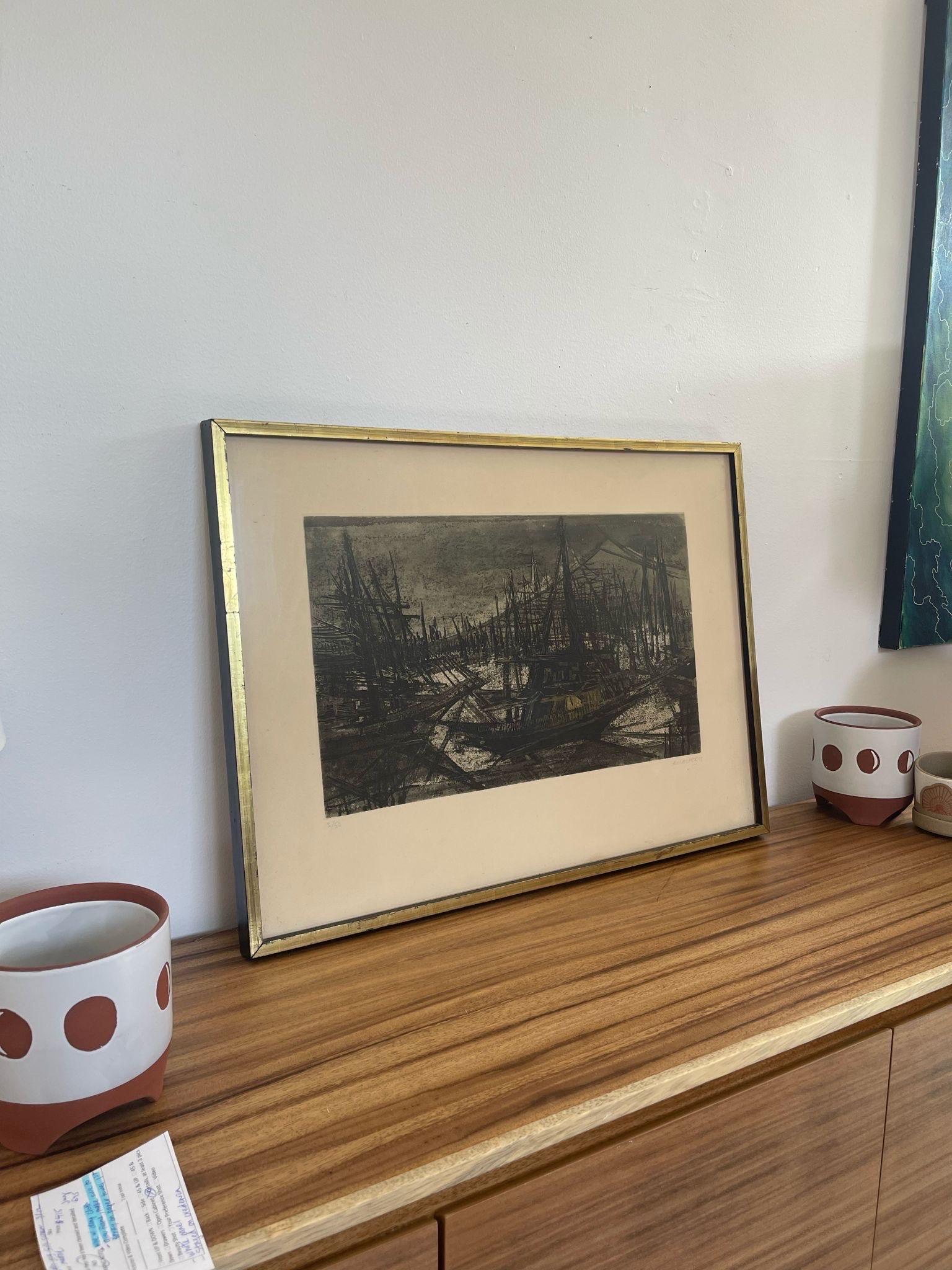 Signierter und gerahmter Radierungsdruck von Suzanne Rauacher von abstraktem Segelboot, Vintage (Moderne der Mitte des Jahrhunderts) im Angebot