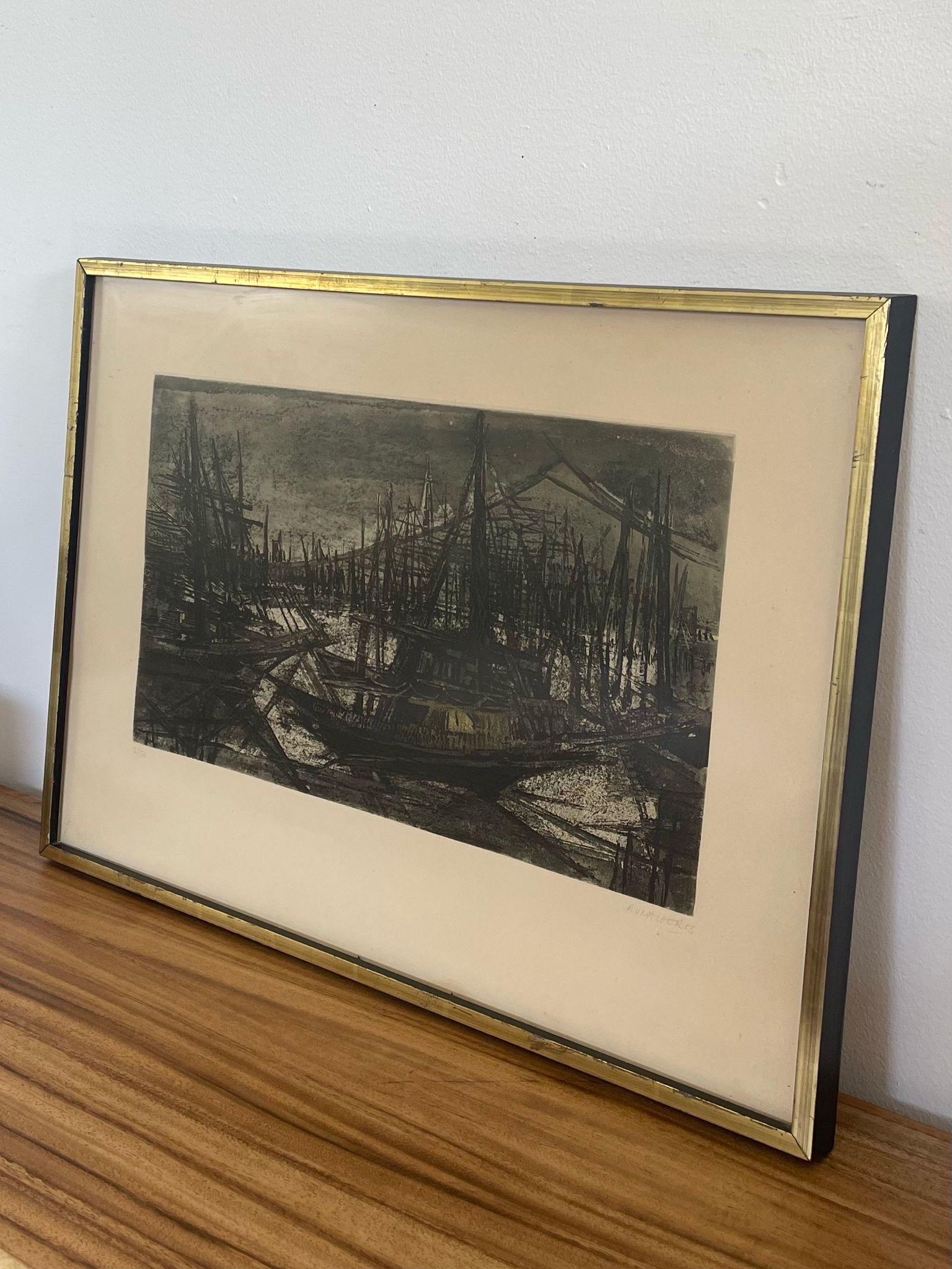 Vintage Signed and Framed Etching Print by Suzanne Rauacher of Abstract sailboat In Good Condition For Sale In Seattle, WA