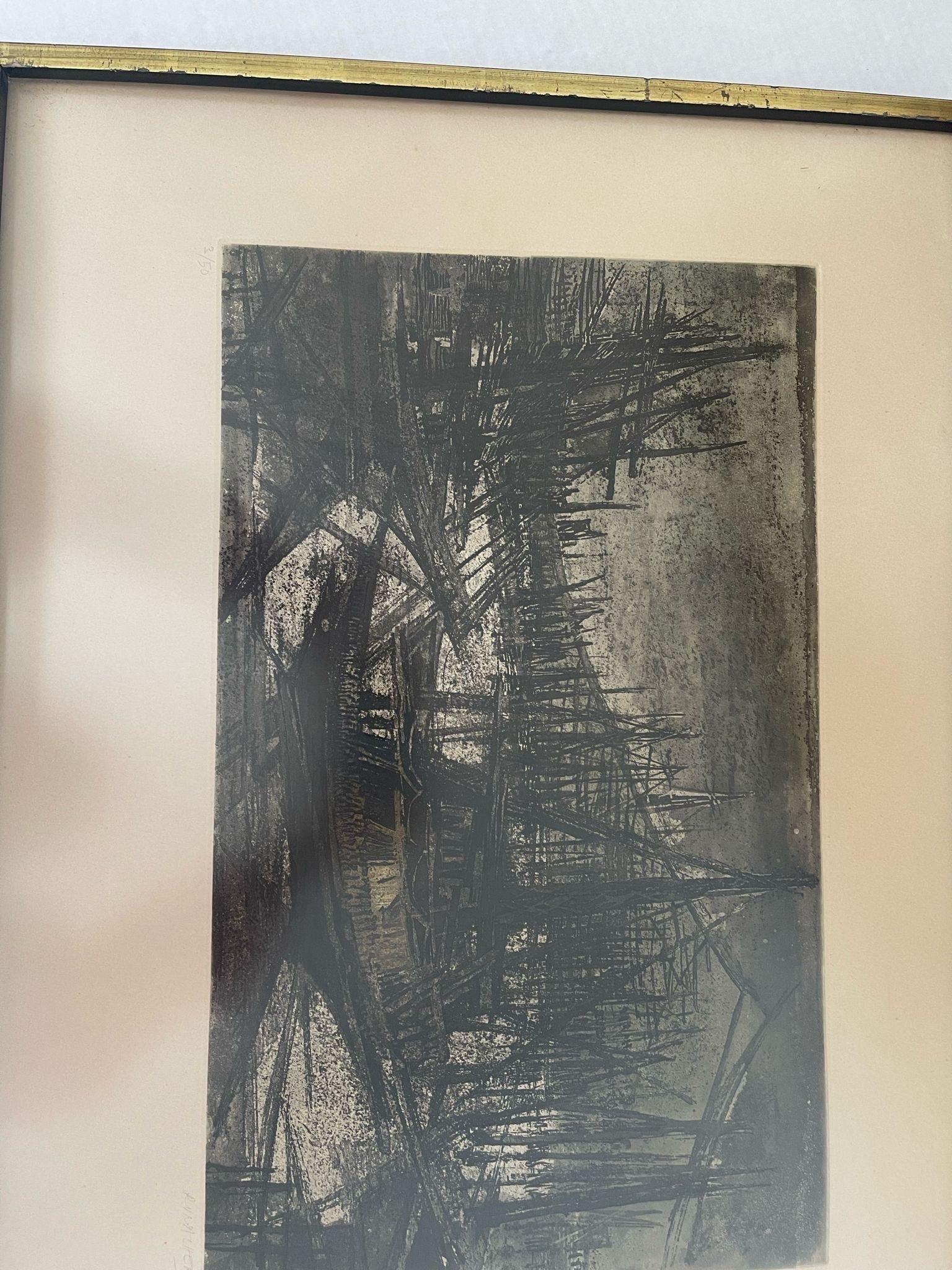 Wood Vintage Signed and Framed Etching Print by Suzanne Rauacher of Abstract sailboat For Sale
