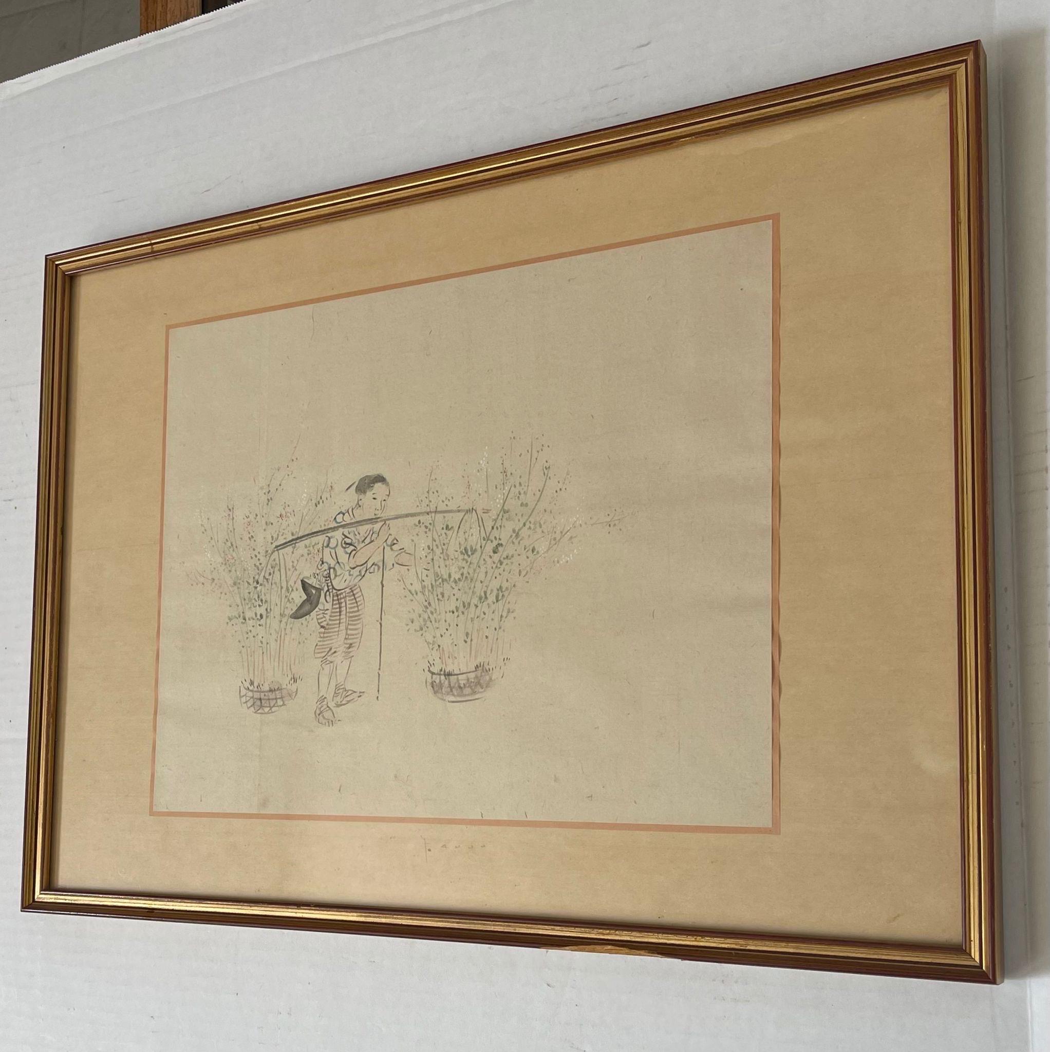 This beautiful watercolor is framed and matted within a gold toned frame. Painting depicts a man carrying flower bushes. More information on the painting is on the back, as shown. Vintage Condition Consistent with Age as Pictured.

Dimensions. 21 W