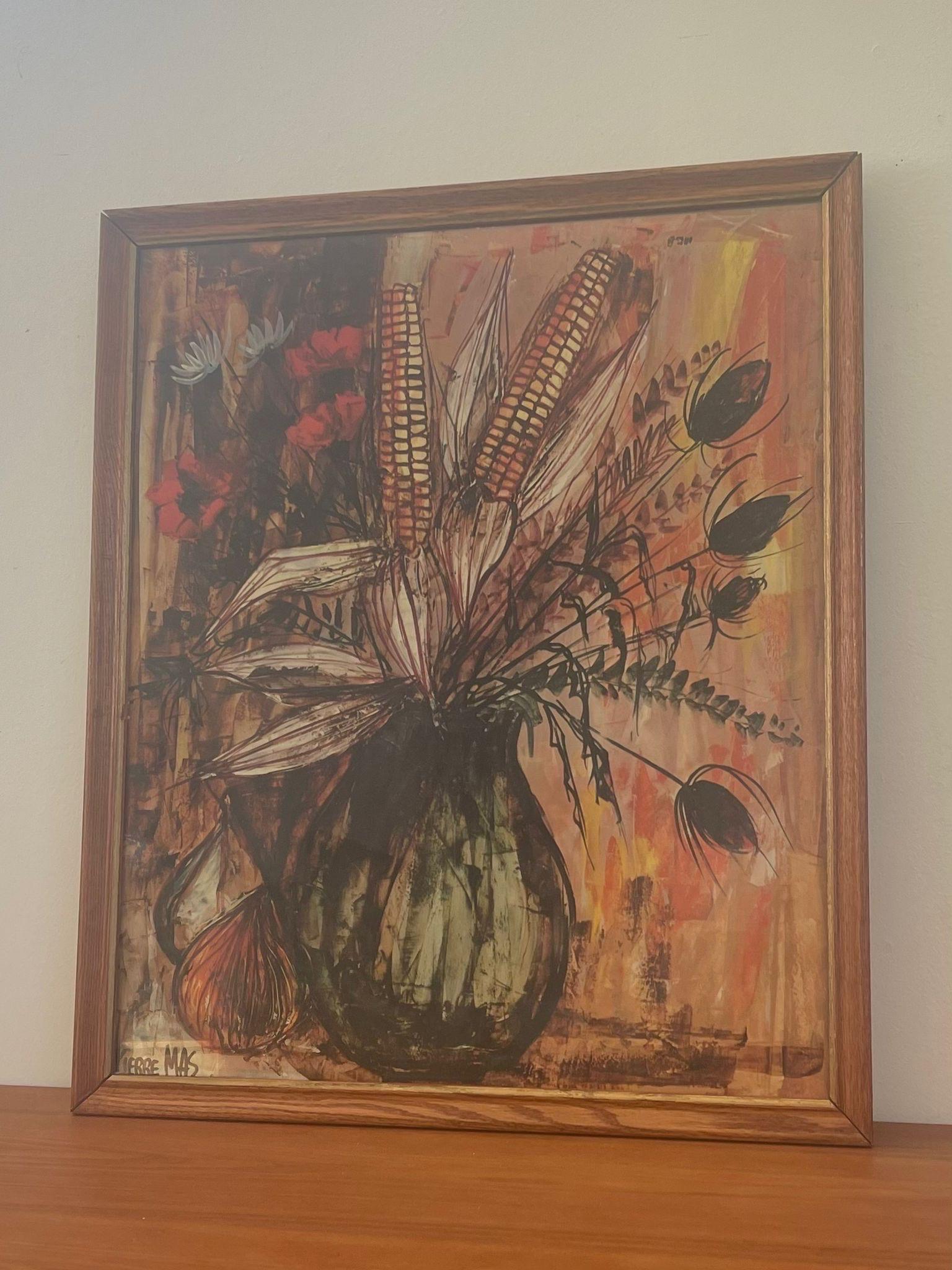 Vintage Print on Paper with Wooden Frame. Abstract Corn Bouquet will Warm Toned Colors throughout. Signed Pierre Mas. Frame has Gold Accents. Vintage Condition Consistent with Age as Pictured.

Dimensions. 26 H ; 1/2 D ; 26 H