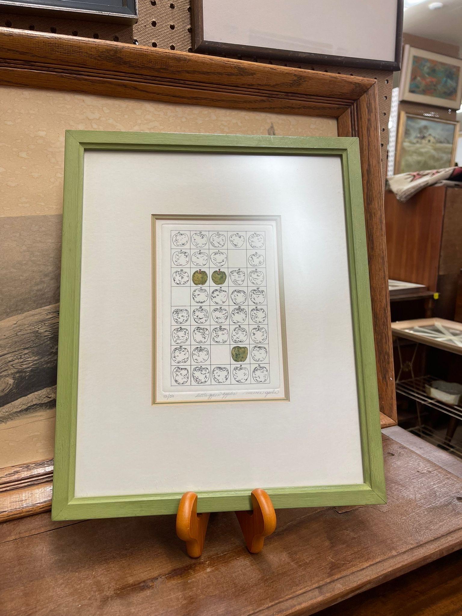 Vintage print of a grid study for green apple. Numbered 12/50. Framed and Matted print within green colored wooden frame. Possibly Lithograph. Vintage Condition Consistent with Age as Pictured.

Dimensions. 12 1/2 W ; 1/2 D ; 14 1/2 H 