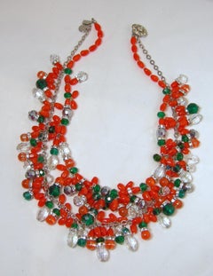 Vintage Signed Anka Faux Coral, Green & Clear Glass & Crystals 2-Strand Necklace