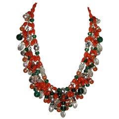 Vintage Signed Anka Faux Coral, Green & Clear Glass & Crystals 2-Strand Necklace