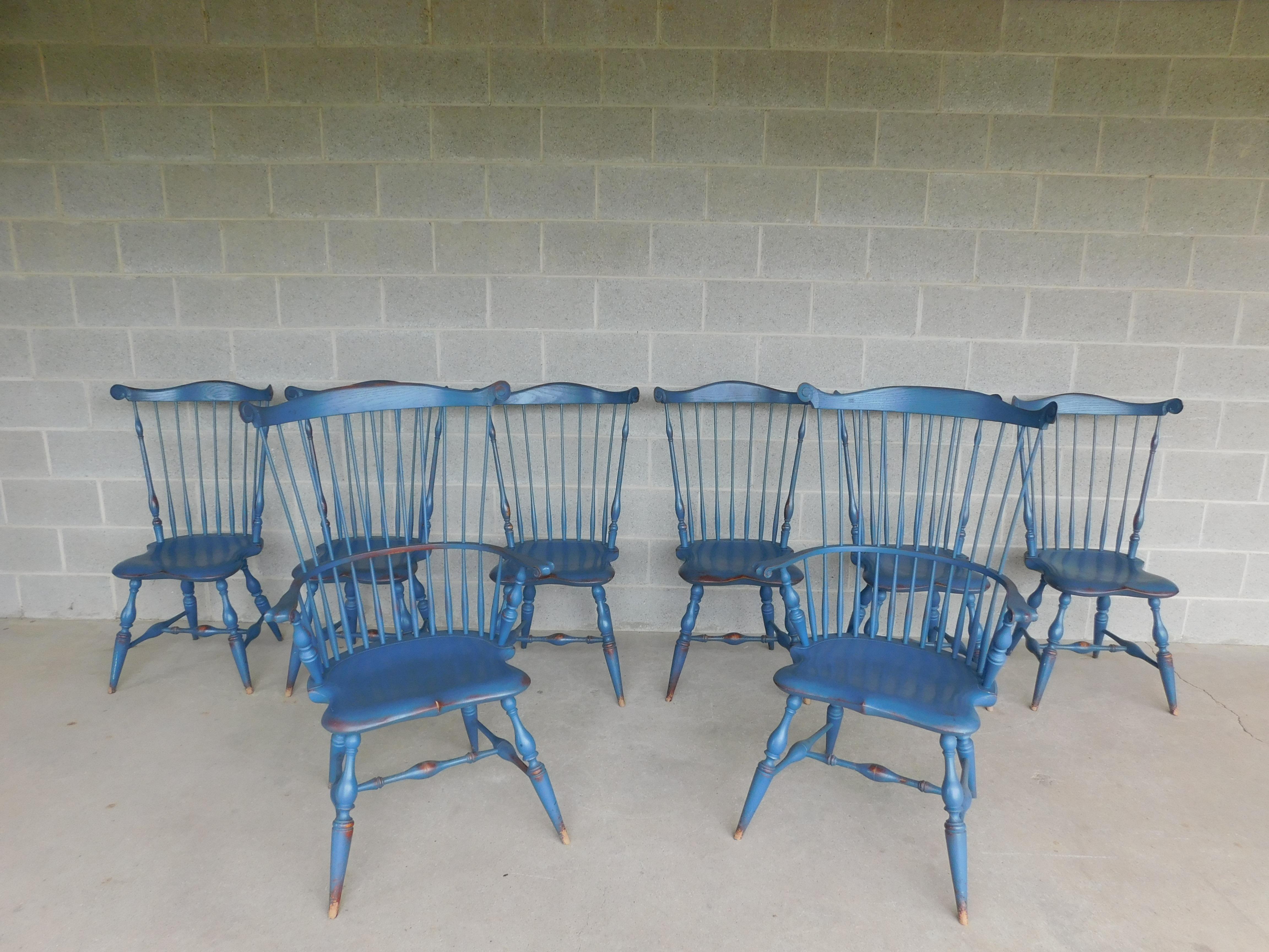 Vintage Signed Antiqued Distressed Robins Egg Blue Windsor Chairs, Set of 8 4