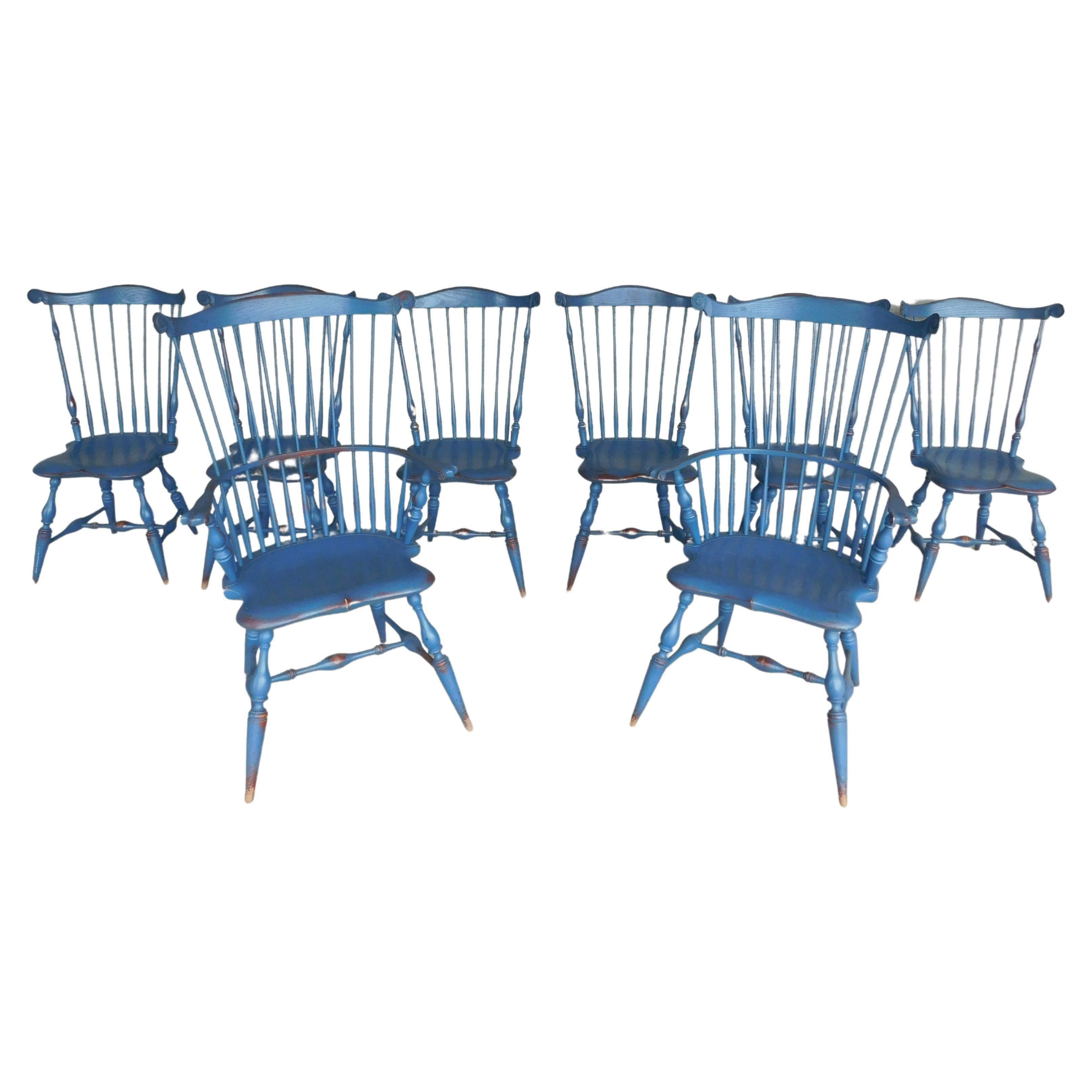 Vintage Signed Antiqued Distressed Robins Egg Blue Windsor Chairs, Set of 8