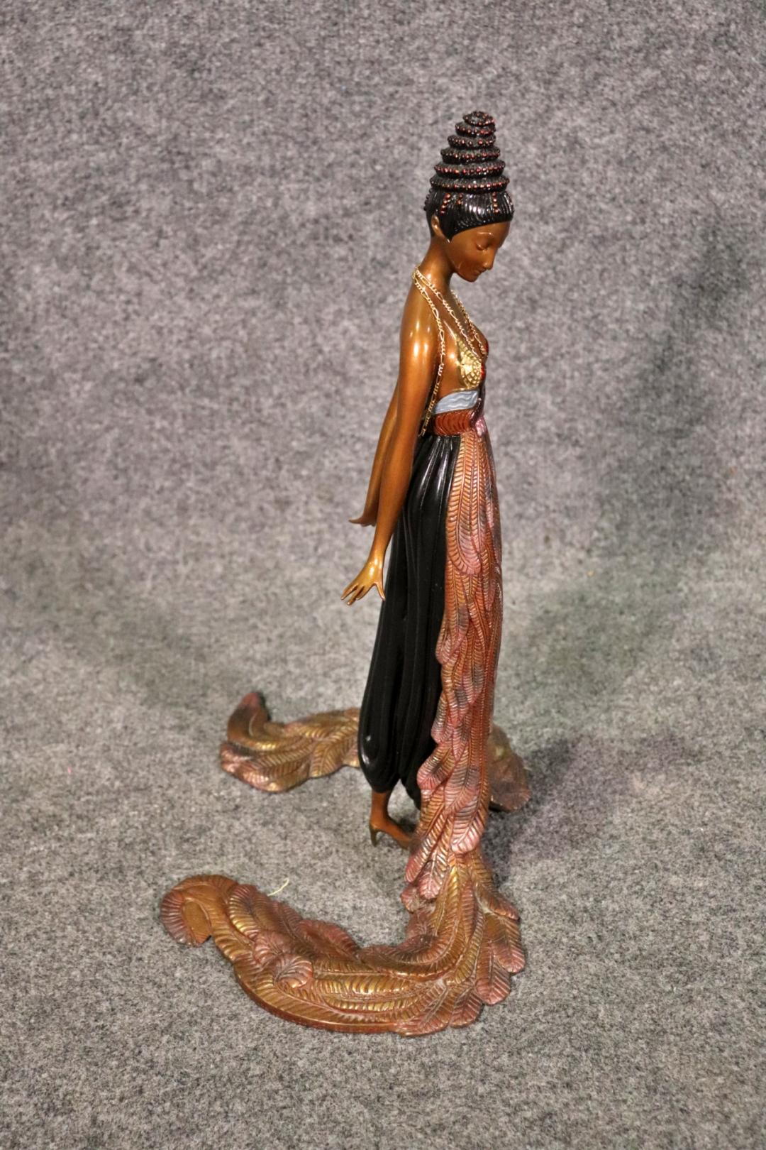 Unknown Vintage Signed Art Deco Erte Bronze Sculpture Titled Feather Gown For Sale