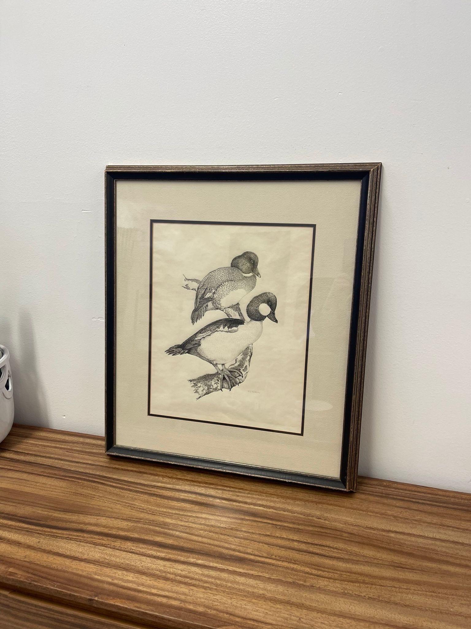 Mid-Century Modern Vintage Signed Artwork of a Pair of Mallard Ducks. For Sale