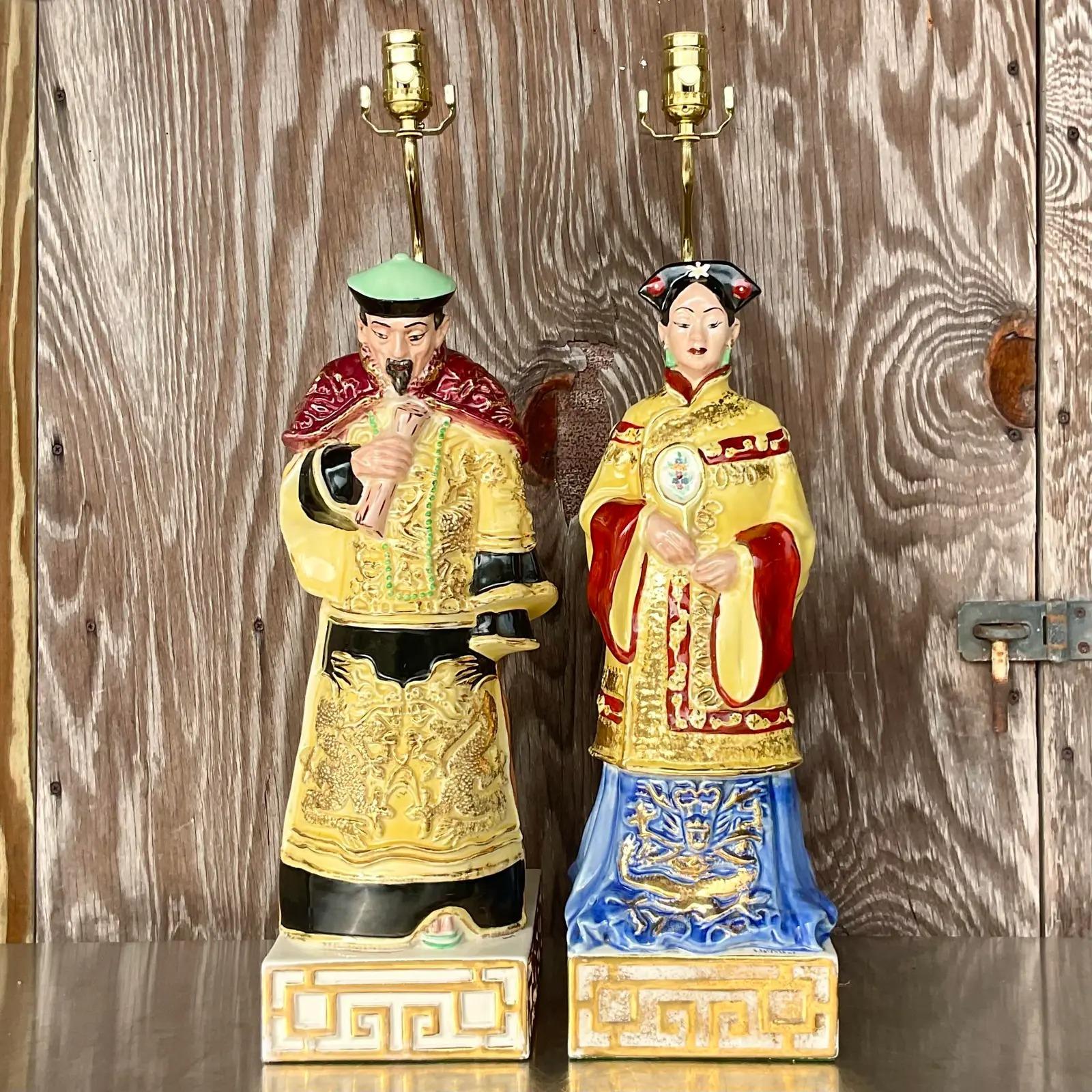 North American Vintage Signed Asian Glazed Ceramic Emperor Lamps, a Pair