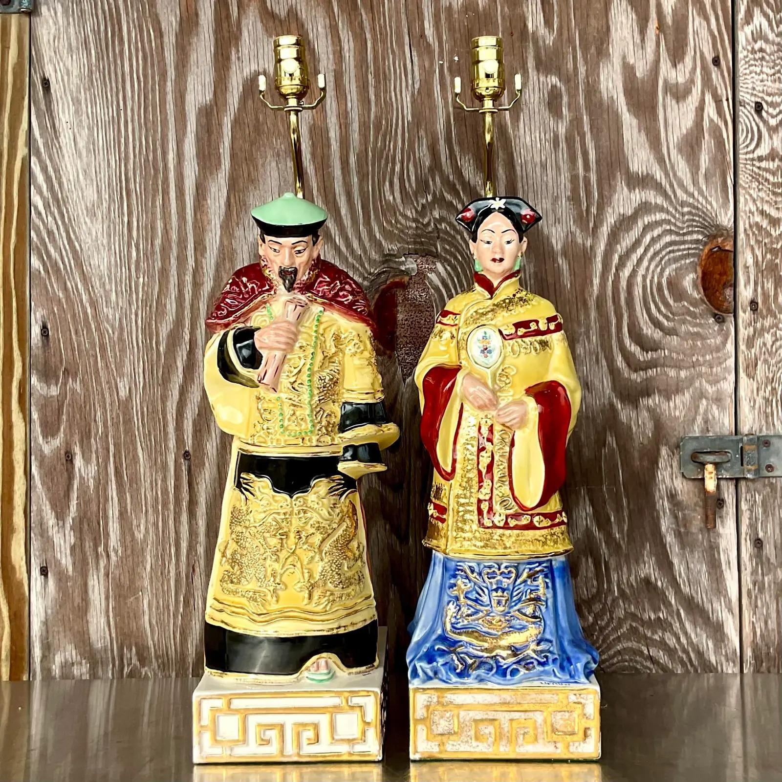 Vintage Signed Asian Glazed Ceramic Emperor Lamps, a Pair In Good Condition In west palm beach, FL