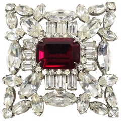 Vintage Signed Beautiful Regency Clear & Red Crystals Brooch