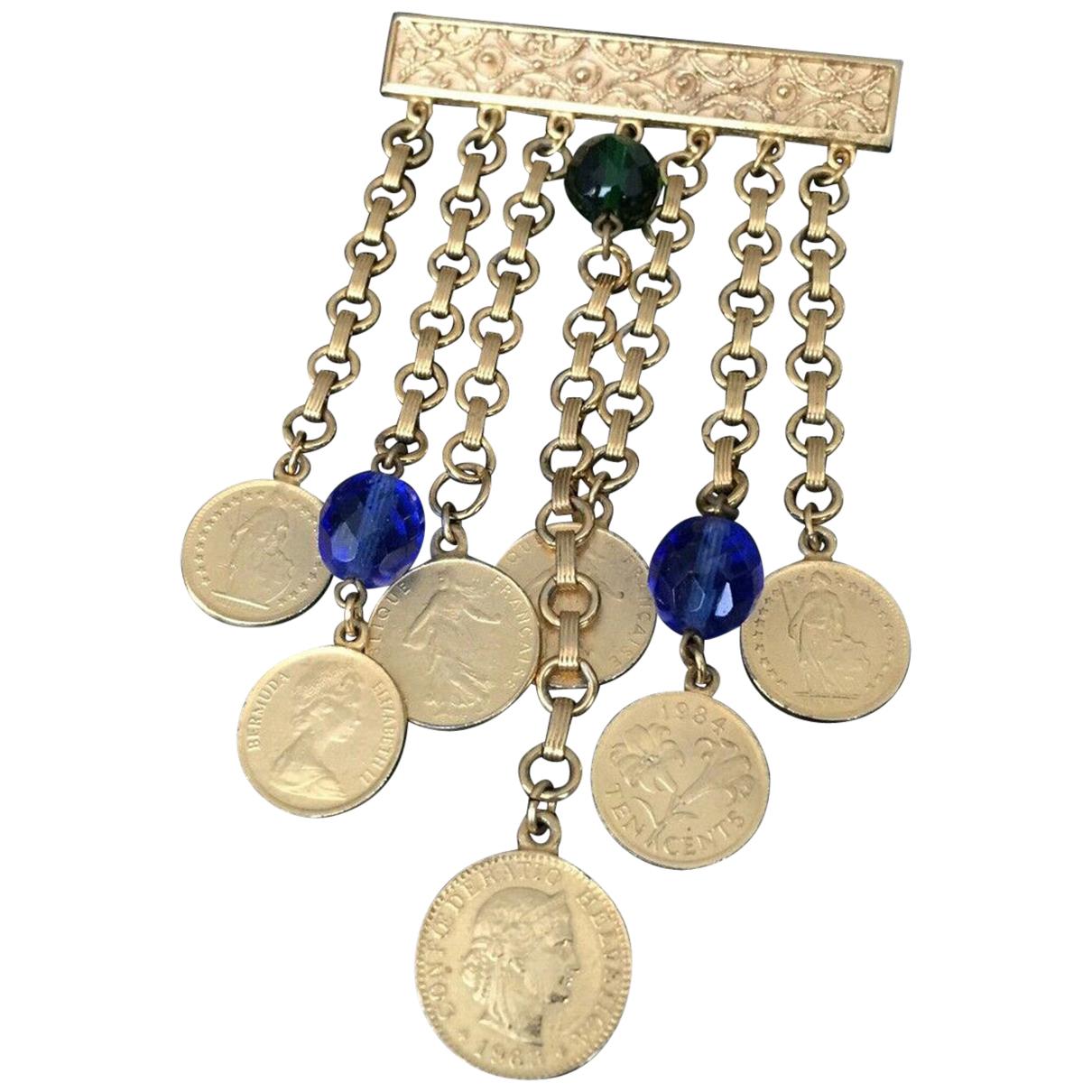 Vintage SIGNED BEN-AMUN Dangling Link Coin Brooch Pin Estate Jewelry en vente