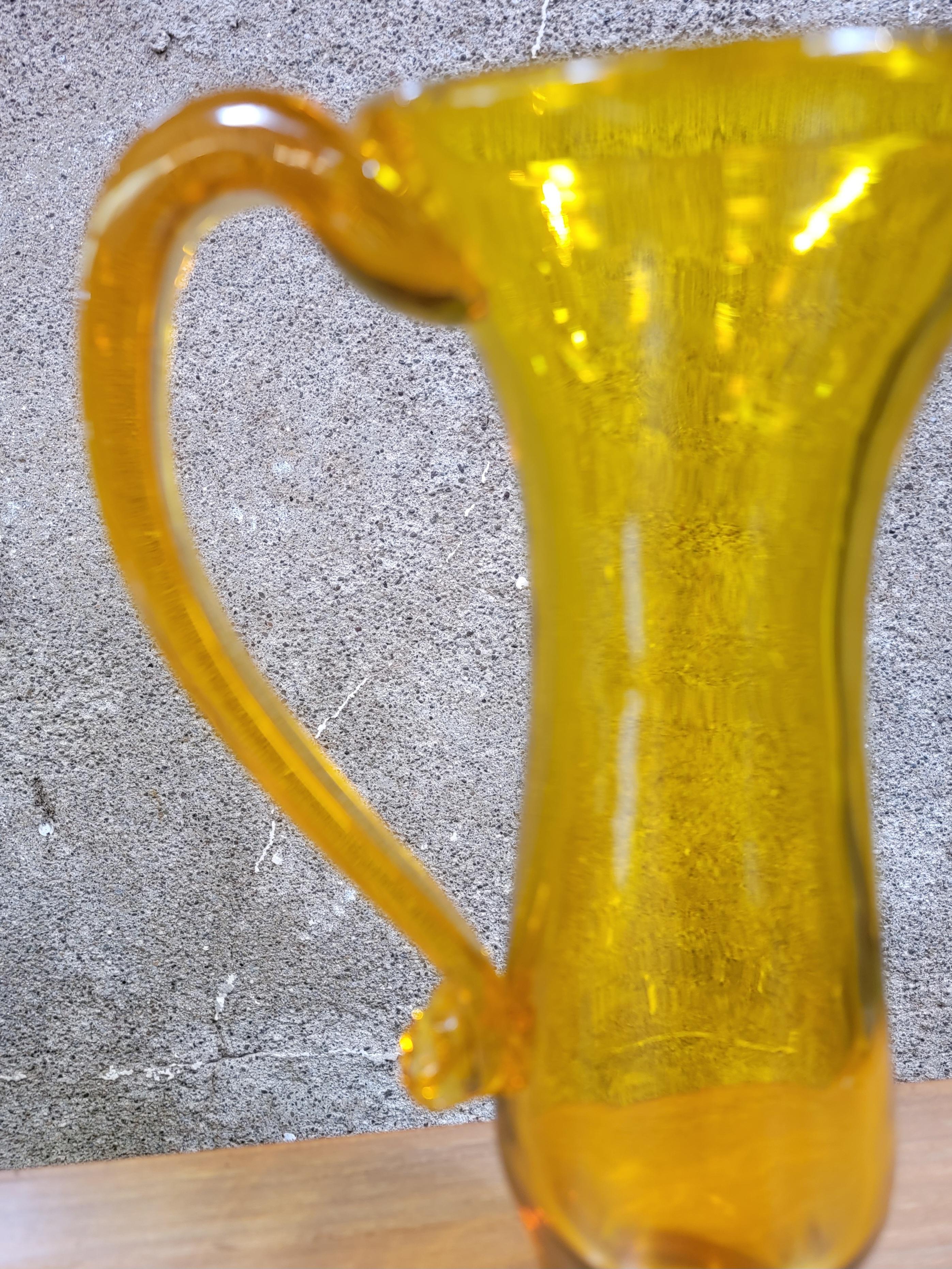 Hand-Crafted Vintage Signed Blenko Pitcher Yellow For Sale