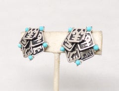 Vintage Signed Boucher Asian Character Cabochon Faux-Turquoise Clip Earrings