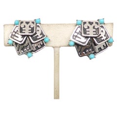 Vintage Signed Boucher Asian Character Cabochon Faux-Turquoise Clip Earrings