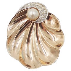 Vintage Signed Boucher Goldtone Shell Faux-Pearl & Rhinestone Fur Clip, 1947