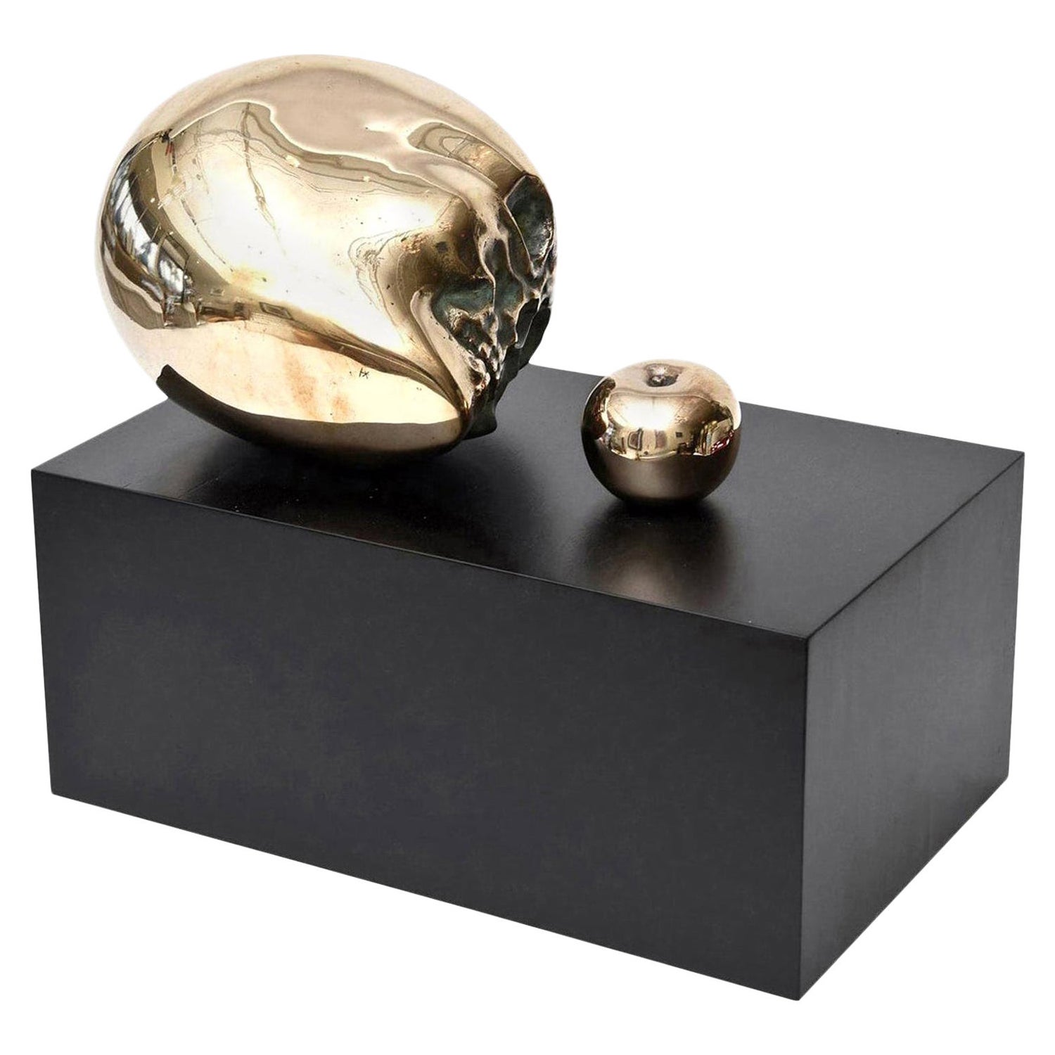 Vintage Signed Bronze Skull Head and Apple Large Sculpture on Black Wood Base