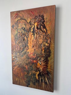 Vintage Signed Brutalist Abstract Oil Painting on Faux Ostrich Canvas, 1970s