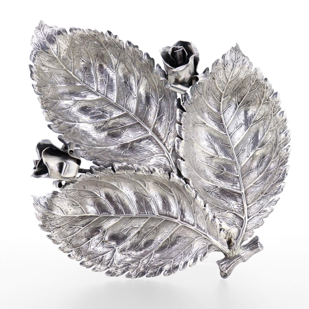 Women's or Men's Vintage Signed Buccellati Sterling Silver Roses & Leaves Centerpiece Bowl For Sale