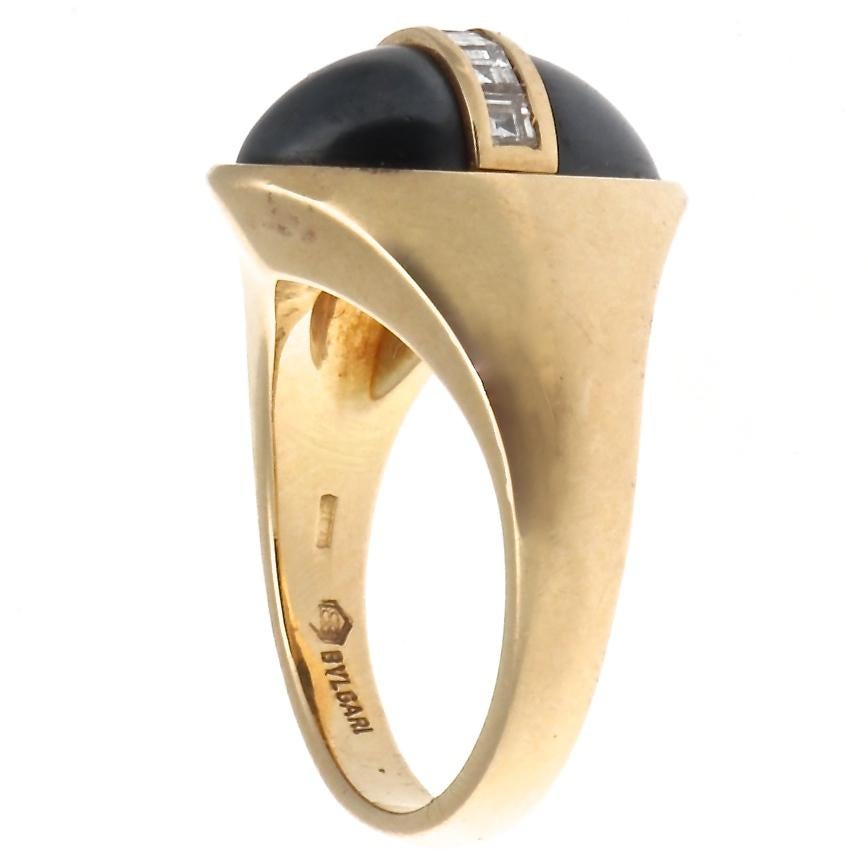 Contemporary Vintage Signed Bulgari 1960s Hematite Diamond Gold Ring