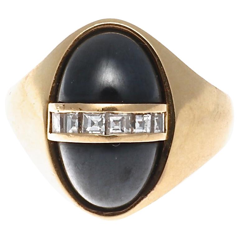 Vintage Signed Bulgari 1960s Hematite Diamond Gold Ring