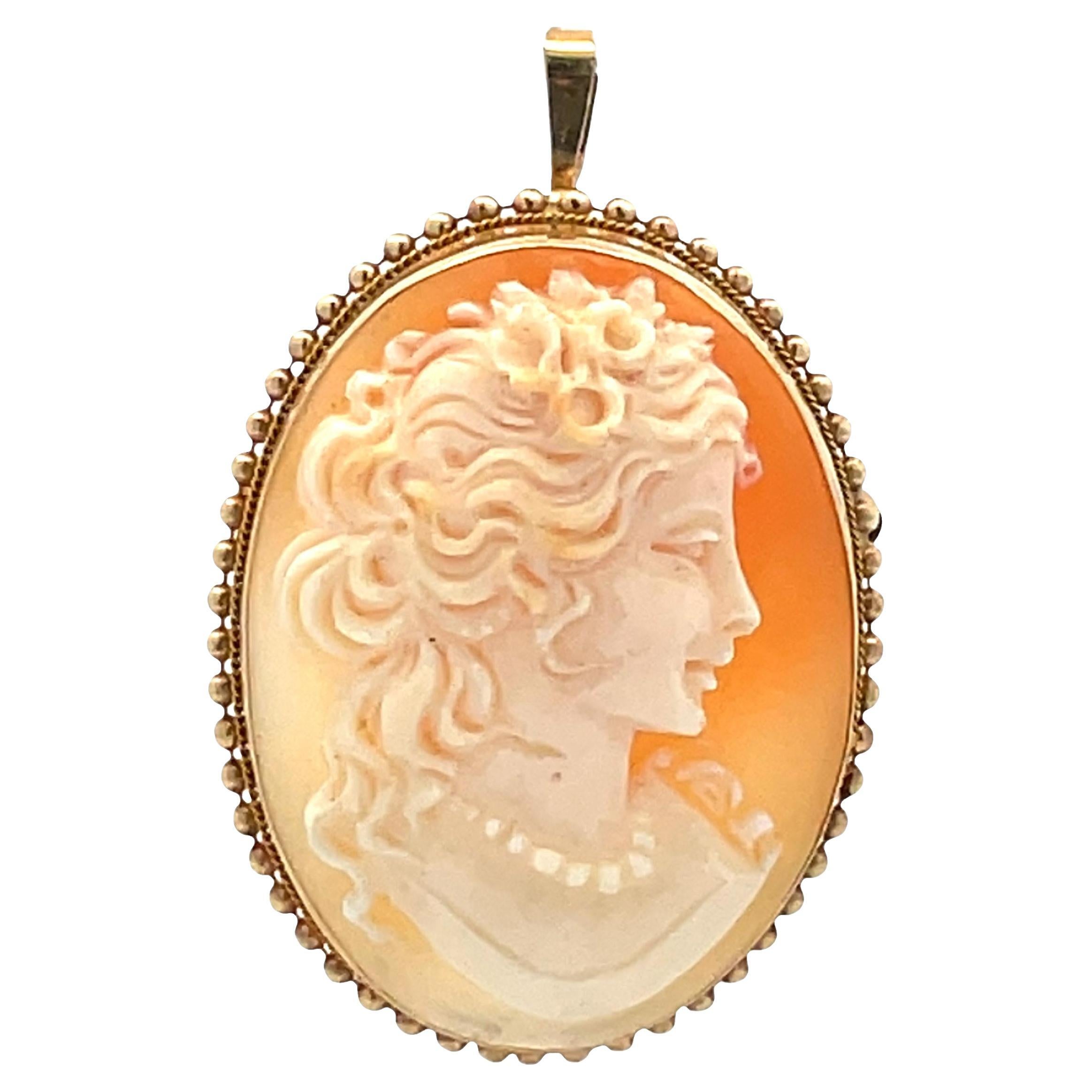 Vintage Signed Cameo Pendant and Brooch in 14K Yellow Gold For