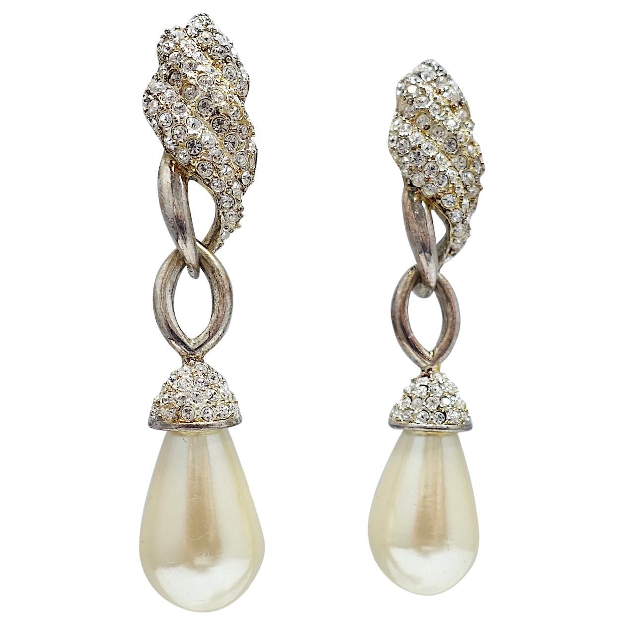 Vintage Signed Carre Faux Pearl & Crystal Drop Earrings For Sale