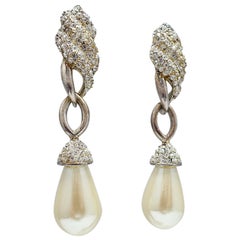 Retro Signed Carre Faux Pearl & Crystal Drop Earrings