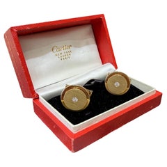 Vintage Signed Cartier 14K Solid Yellow Gold Diamond Cufflinks brush 1950s–1960s