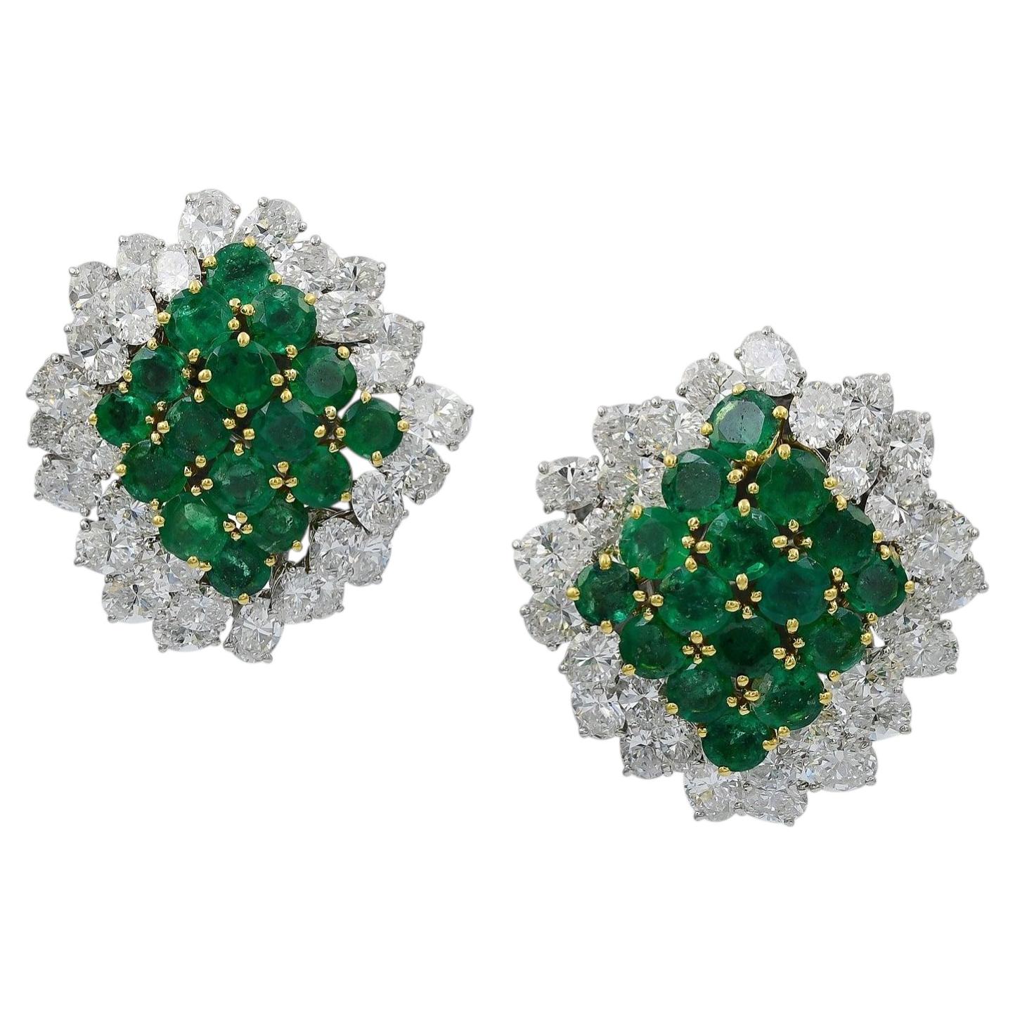 Vintage Signed Cartier Emerald Diamond Halo Cluster Button Earrings For Sale
