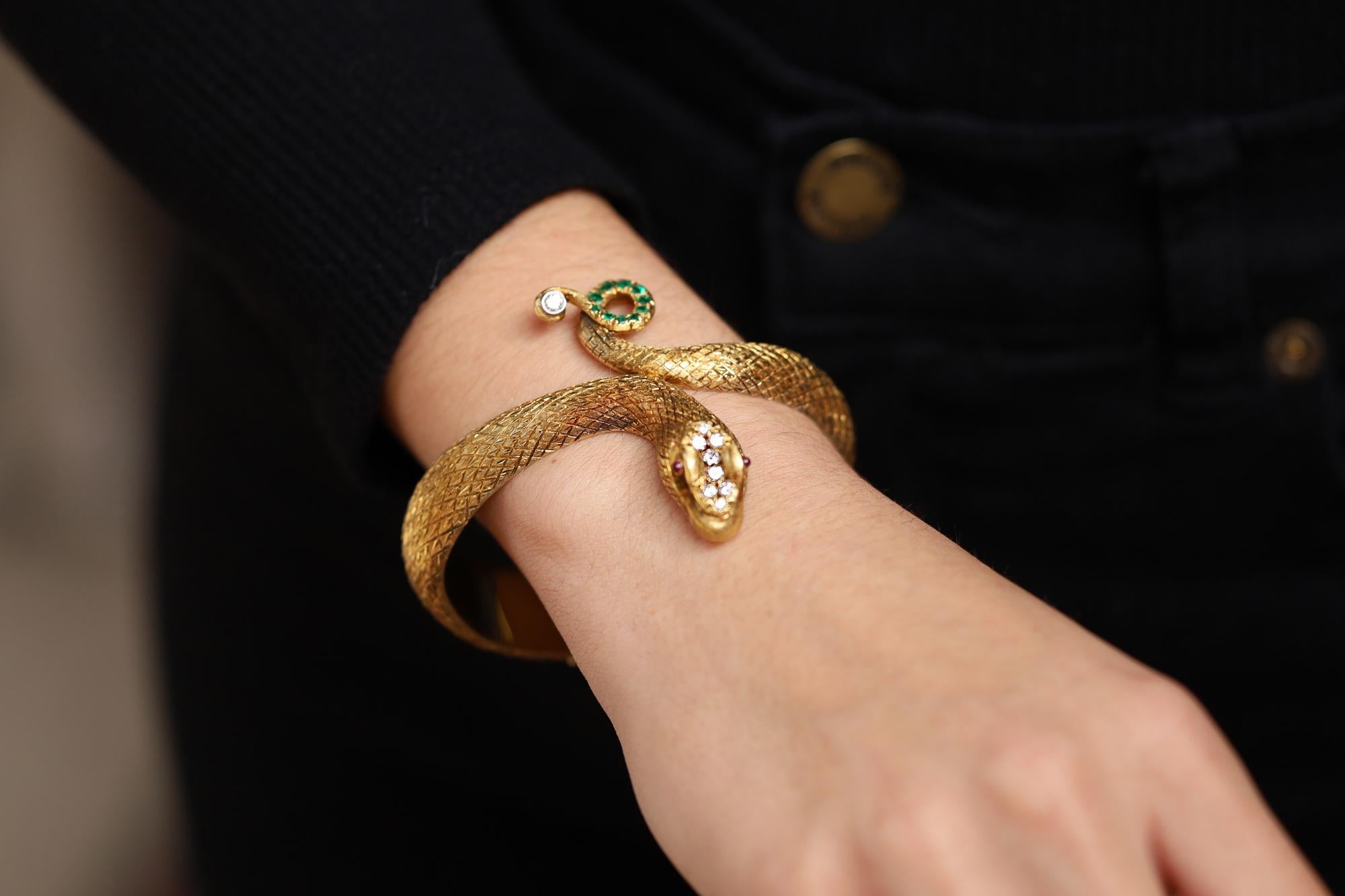 Brilliant Cut Vintage Signed CELLINO Heavy 18k Gold Diamond, Ruby & Emerald Snake Bracelet For Sale