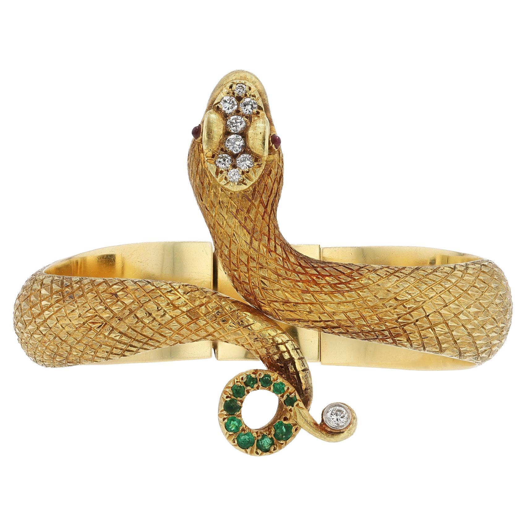 Vintage Signed CELLINO Heavy 18k Gold Diamond, Ruby & Emerald Snake Bracelet For Sale