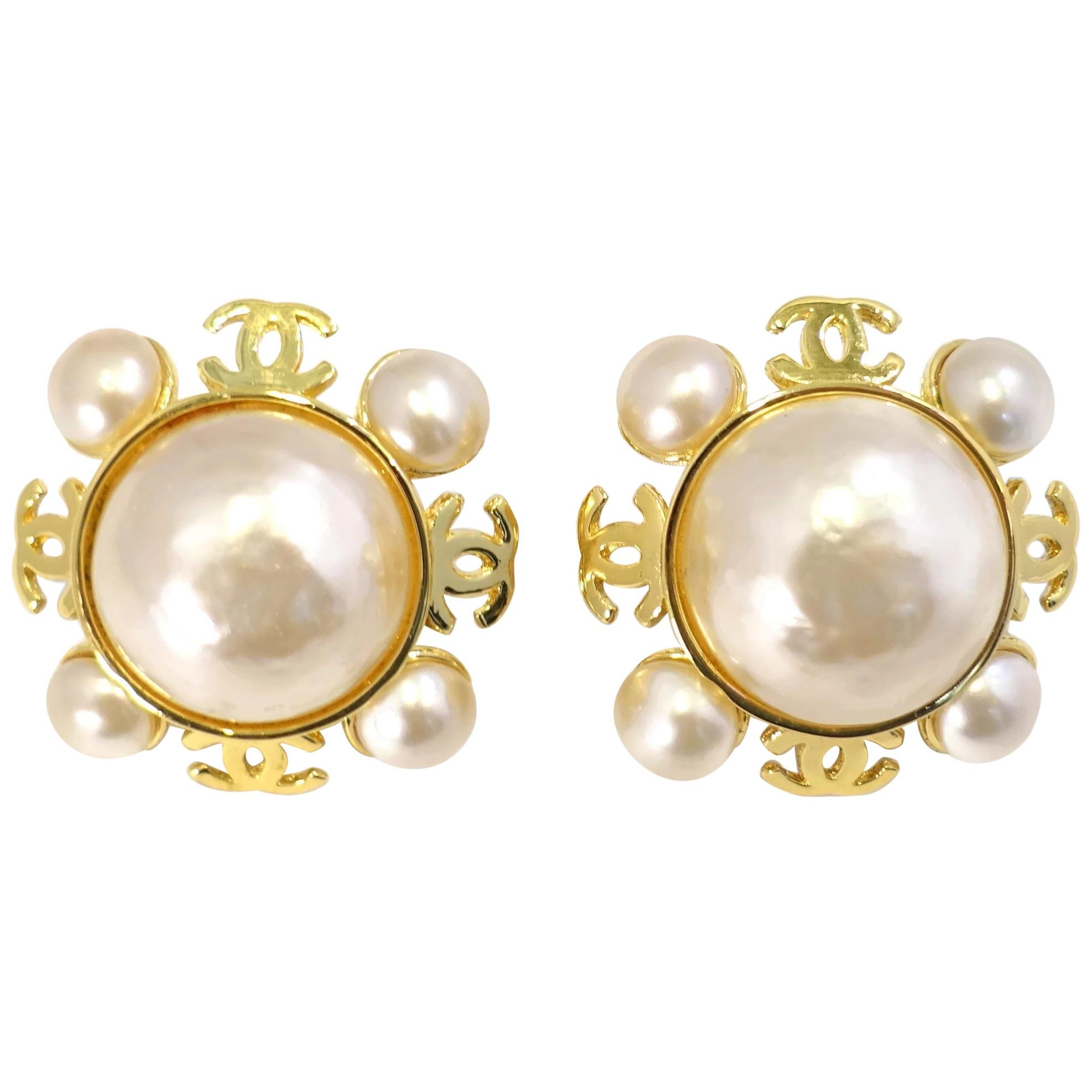 Vintage Signed Chanel 25 Faux Pearl CC Logo Earrings