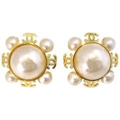 Vintage Signed Chanel 25 Faux Pearl CC Logo Earrings